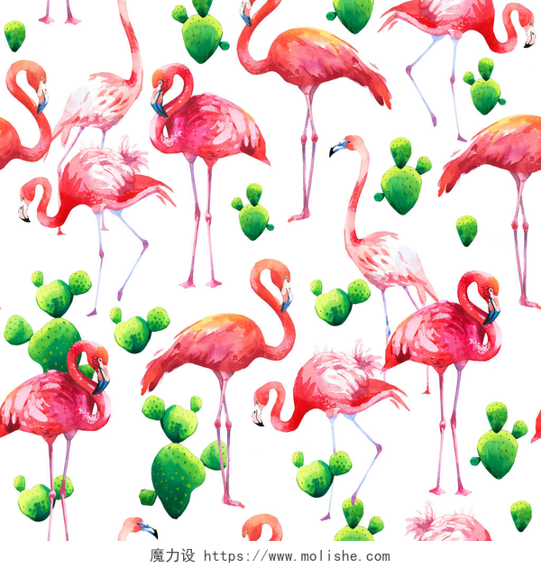 白色背景上火烈鸟和仙人掌水彩画水彩无缝图案白色背景。插图与粉红色的火烈鸟。热带鸟。天堂.